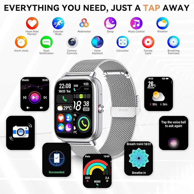 Smart Watch for Women Men- 1000mAh Battery Answer/Make Call, Fitness Step Tracker Watch with Sleep Monitor/Activity Counter/110+ Sport Mode for Andriod iPhone iOS Compatible - 3 Straps