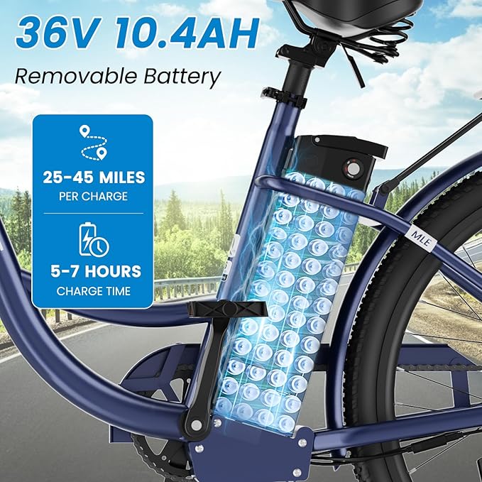 350W Electric Bike for Adults, 20MPH 7-Speed Commuter Ebike with 36V 10.4Ah Battery, Aluminum Frame, Front Suspension, Dual Disc Brakes, E Bicycle with Basket & Rear Rack, 330 lbs Load