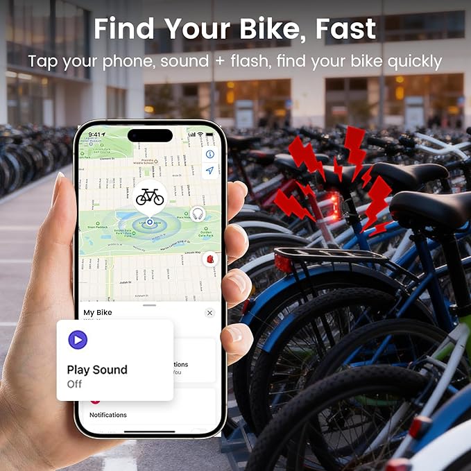 Bike Tail Light with Bike Tracker, GPS Real-Time Track (iOS Only, Work with Apple Find My), 3 Light Modes, Rechargeable Type-C, IPX6 Waterproof, Cycling Safety Rear Bike Light for Night Riding
