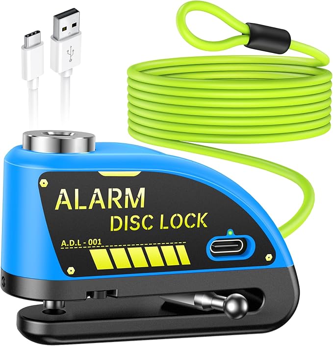 ONVIAN Rechargeable Motorcycle Lock with 120db Alarm and 6FT Steel Reminder Cable, for 7mm Pin Motorcycles Bicycles Ebike Scooter Moped(Blue)
