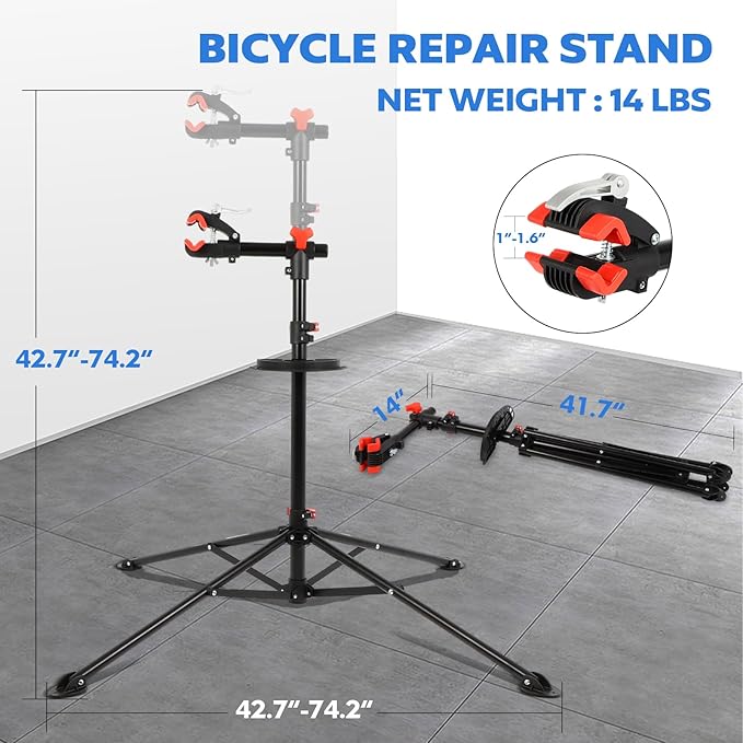 FAHKNS Bike Repair Stand Floor: Height Adjustable Bicycle Workshop Stand with Tool Tray for Road & Mountain Bikes, Red/Black