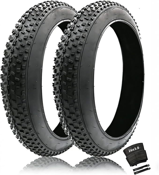 20, 24, 26 Inch Fat Bike Tires, 3.0/4.0 Width with Inner Tubes, Puncture Proof All Terrain Snow Sand Off Road, E-Bike Replacement for Mountain/Commuter/Beach Cruiser