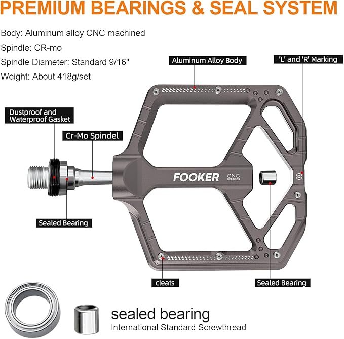 FOOKER Mountain Bike Pedals,Non-Slip Bicycle Flat Pedals Aluminum 9/16",MTB Pedals Wide Platform Pedals for Mountain Bike, BMX, Road Bike Pedals