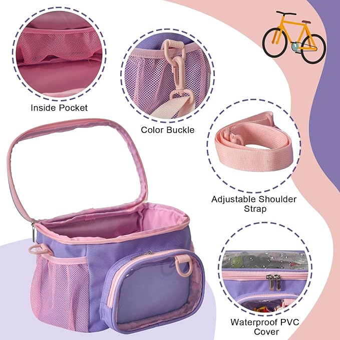 Kids Bike Basket,Durable Front Frame Bicycle & Scooter Basket Bag,Waterproof Fabric Bicycle Handlebar Bag for Boys, Girls, Toddlers with Shoulder Strap (Purple)
