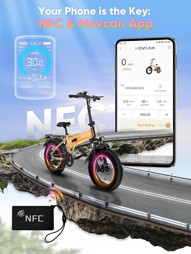 Movcan Q20 Folding Electric Bike, 52V 15.6Ah Removable Concealed Battery 20” Fat Tire Dirt Bike,1500W Motor 30 MPH Top Speed E Bikes, 7 Speed Dual Hydraulic Brake Electric Bikes for Adults