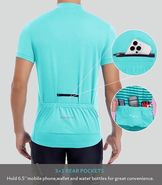 Spotti Men's Cycling Bike Jersey Short Sleeve with 3 Rear Pockets- Moisture Wicking, Breathable, Quick Dry Biking Shirt