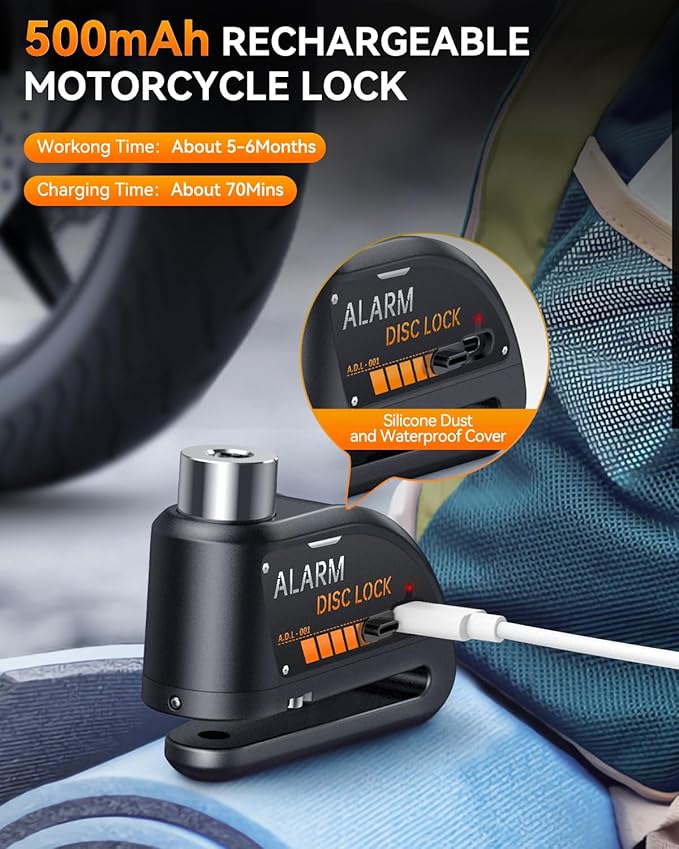 ONVIAN Motorcycle Disc Brake Lock with 120dB Alarm, Rechargeable Waterproof Motorcycle Locks Anti Theft for 7mm Motorcycle Brake Helmet Scooter Wheel Lock 5FT Reminder Cable (Black)