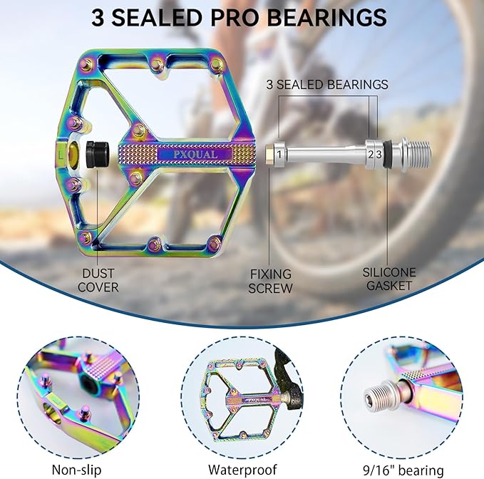 Mountain Bike Pedals MTB Bicycle Flat Pedals 3 Sealed Bearings Aluminum 9/16" Lightweight Platform for Road MTB