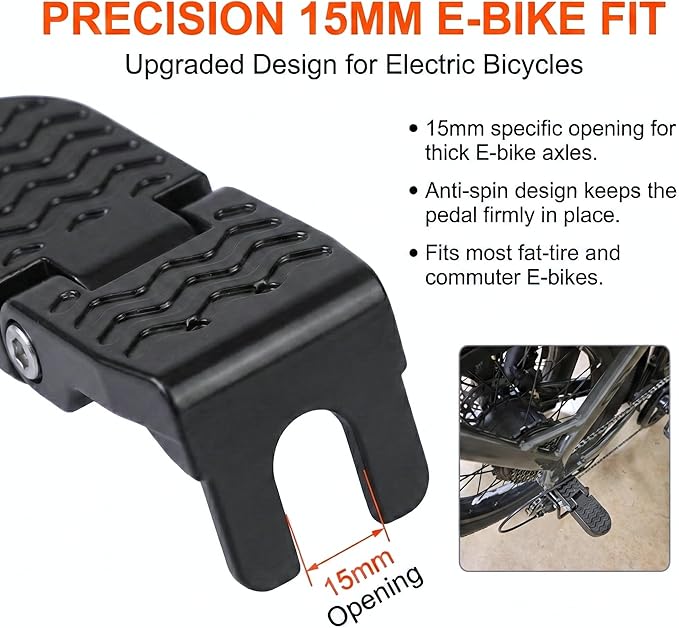 Heavy Duty E-Bike Foot Pegs, Foldable Rear Pedals for Passenger, Manganese Steel Reinforced Aluminum Bike Footrests with 15mm U-Slot & Anti-Slip for E-Bike, Mountain Bike, Folding Bicycle