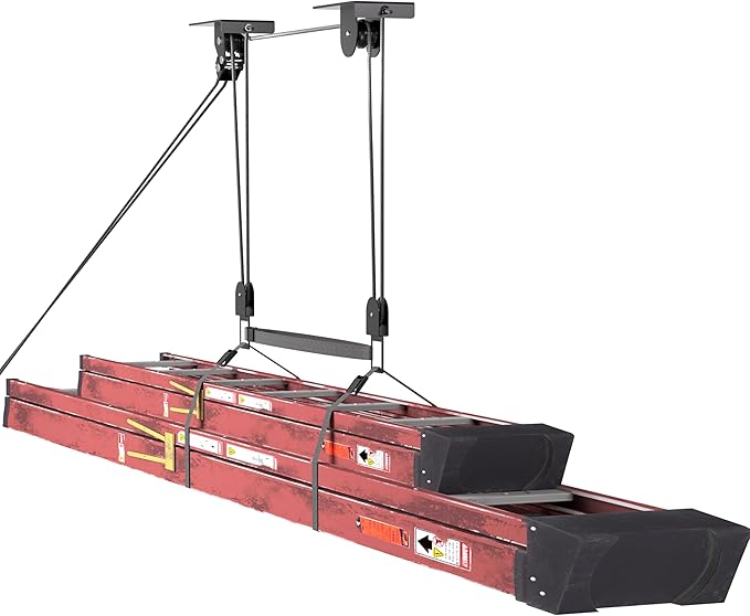 Ladder Storage, Larger Pulley Ladder Hoist, Self Locking Function Ladder Hanger, Garage Ceiling Mount Lift System for Kayak, Cargo Box, Canoe, Bike,Fit 10-14 Foot Ceilings, Hold 150 lbs