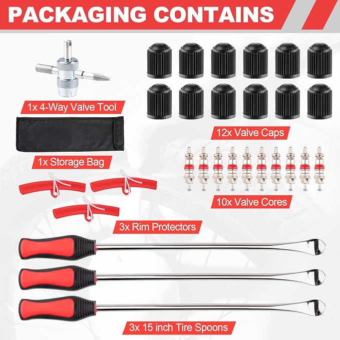 15" Tire Spoons Kit, Tire Changing Tool for Motorcycles, Dirt Bikes, Lawn Mowers and More, 29PCS Tire Removal Tool Set, with Tire Spoon, Rim Protector, Valve Tool, Valve Cover and Valve Core