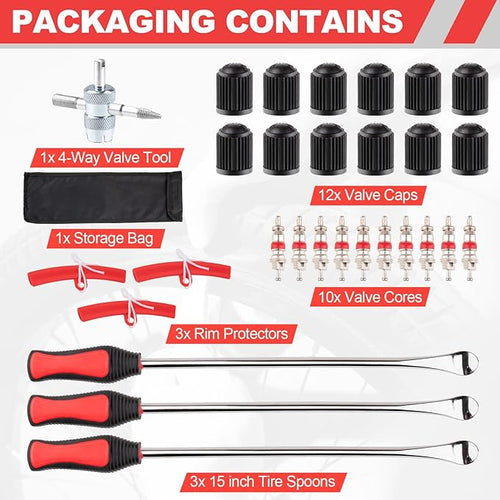 15" Tire Spoons Kit, Tire Changing Tool for Motorcycles, Dirt Bikes, Lawn Mowers and More, 29PCS Tire Removal Tool Set, with Tire Spoon, Rim Protector, Valve Tool, Valve Cover and Valve Core