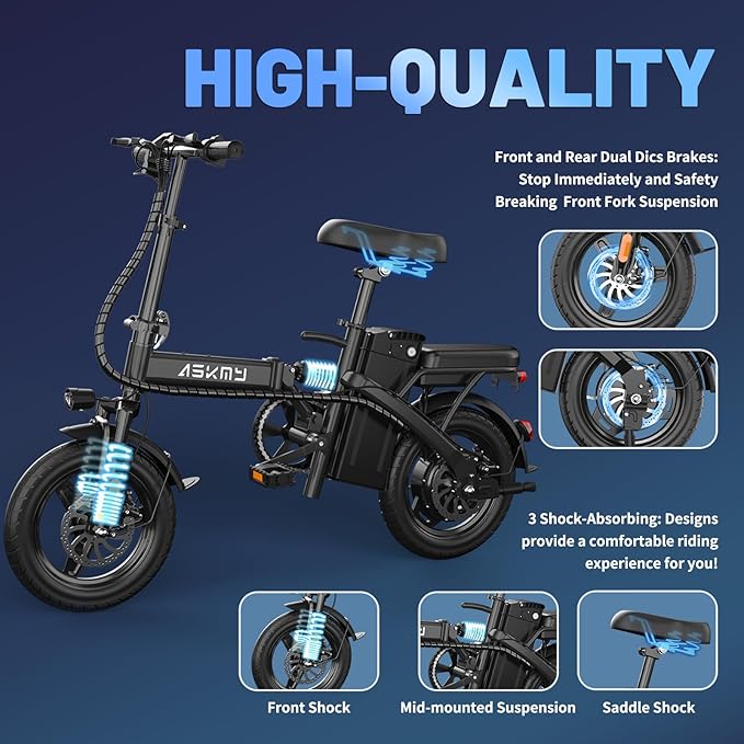 Electric Bike for Adults and Teens, 740W Peak Motor E-Bike with 30-60 Miles PAS Range, 48V 10AH/20AH Removable Battery, 14" Folding Mini Ebike with 20MPH, Electric Bicycle for Commute