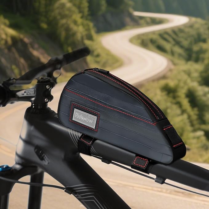 RideRow Compact Bike Top Tube Bag – Waterproof Bicycle Frame Pouch, Fits Up to 6.1" Phone, Narrow No-Rub Design, Secure 3-Point Mount, Cycling Storage for Mountain & Road Bike (Black)