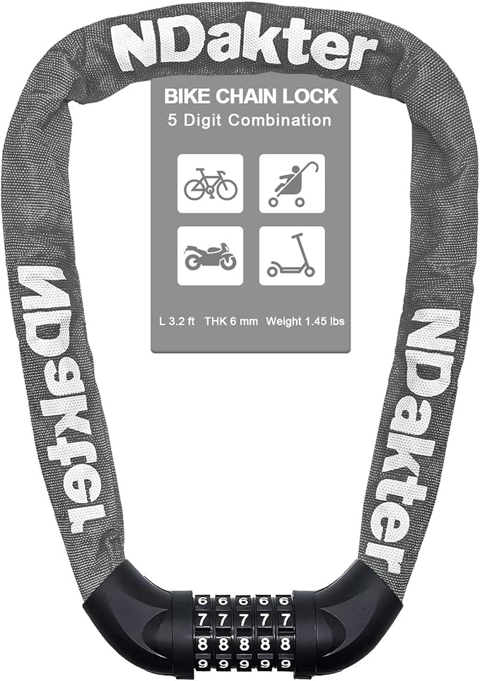 NDakter Bike Lock, 5 Digit Combination Heavy Duty Anti Theft Bicycle Chain Lock, 2.62/3.2/4.27/5/6Ft Long, High Security Resettable, Suitable for Bike, Scooter, Door, Gate, Fence-4/6mm Thick