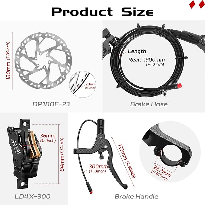 E-Bike Hydraulic Disc Brake Set 4-Pistons/2-Pistons,2-PIN/3-PIN Pre-Bled with Mineral Oil Brakes Kit,Front and Rear Set,180mm 2.3mm Thick Rotors