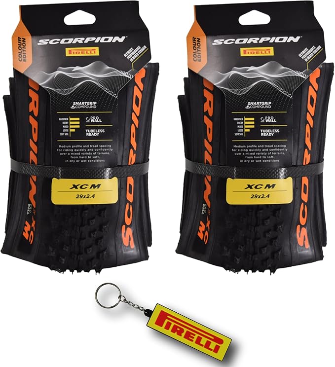 Pirelli Scorpion XC M Orange Label 60-622 (29x 2.4) MTB Bicycle Tire - Designed for Hardpacked Courses and Mixed Terrains, 120TPI and ProWall Casing- Mountain Bike Tire w/Keychain (2 Pk)