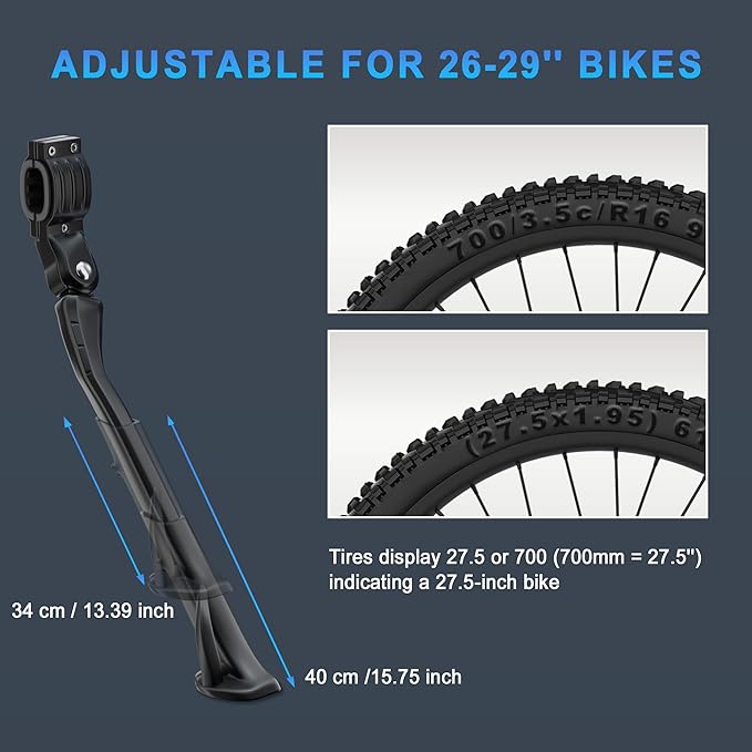 Bike Kickstand for 26-29 Inch Adult Bicycle, Adjustable Aluminum Bicycle Kickstand, Sturdy and Non-slip Kick Stand for Mountain/Road/E-Bike