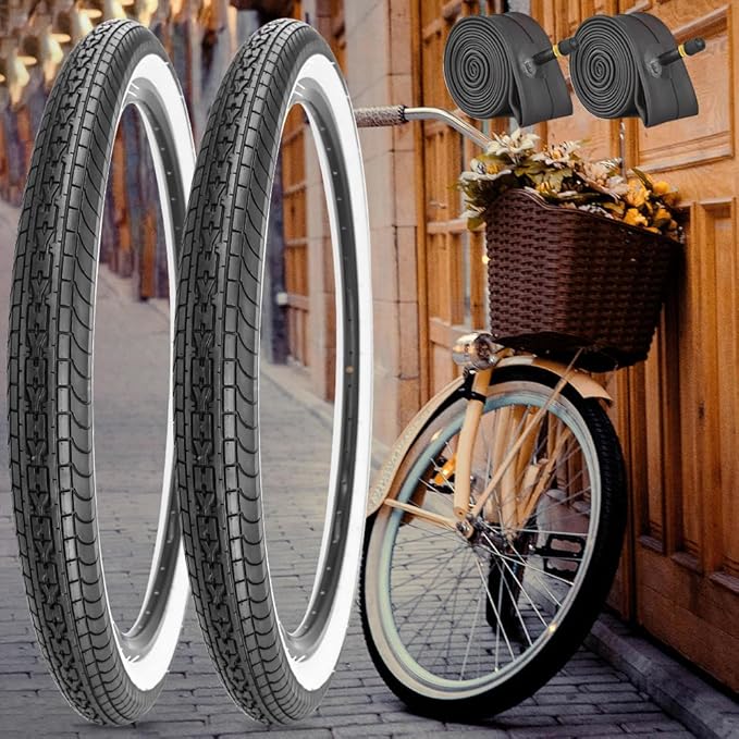 SIMEIQI 26x2.35 20x2.35 Inch Cruiser Beach Bike Tire Black White Wall or Brown Cream Wall Folding Replacement Bicycle Tire for Hybrid City Commuter Trail