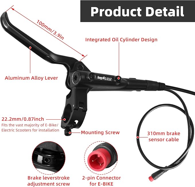 E-Bike Hydraulic Disc Brake Set, 2-PIN 2-Pistons Electric Power-Off Hydraulic Brakes Set, Left Front 950mm Right Rear 1880mm Pre-Bled with Mineral Oil Brakes Kit for eBike, MTB, Scooters