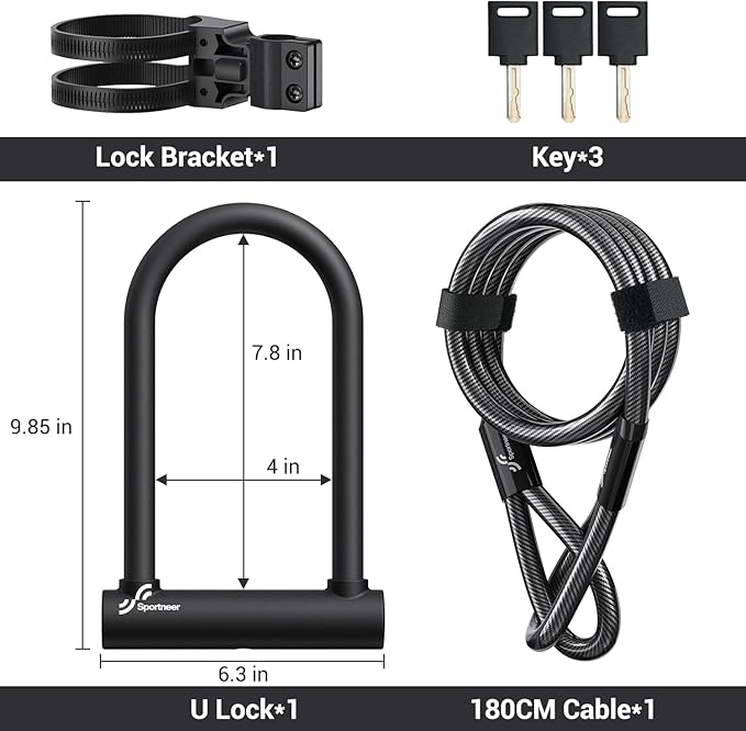 Sportneer Bike U Lock - 18mm Shackle Heavy Duty Bike Lock with 6ft Security Cable - Bicycle U-Locks with Sturdy Mounting Bracket for Road, Mountain, Electric and Folding Bike, Size 9.85''x6.3''