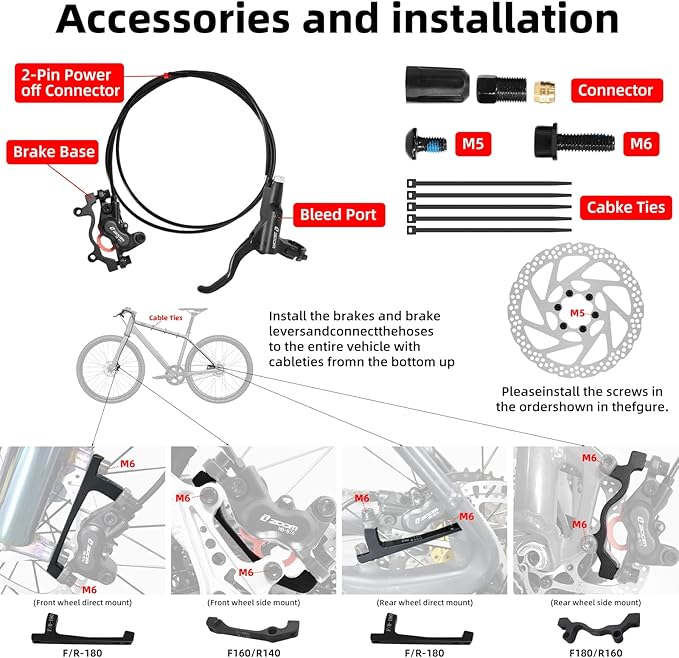 Z00M HB876E 2-PIN 4-Pistons E-Bike Electric Power-Off Hydraulic Brake Set, Pre-Bled with Mineral Oil Brakes Kit for eBike, Mountain Bike, Road Bike
