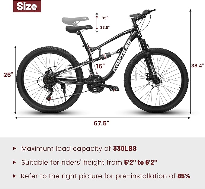 24/26/27.5 Inch Wheel Mountain Bike, 21 Speed MTB Bike with Full Suspension, Steel Frame and Dual Disc Brakes, Adult Mens Outdoor Cycling Mountain Bicycle