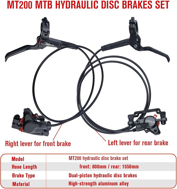 MT200 Style MTB Hydraulic Disc Brakes Set,2 Piston Left Front 800mm & Right Rear 1550mm MTB Hydraulic Brakes, Aluminum Alloy Mountain Bike Hydraulic Bicycle Disc Brake