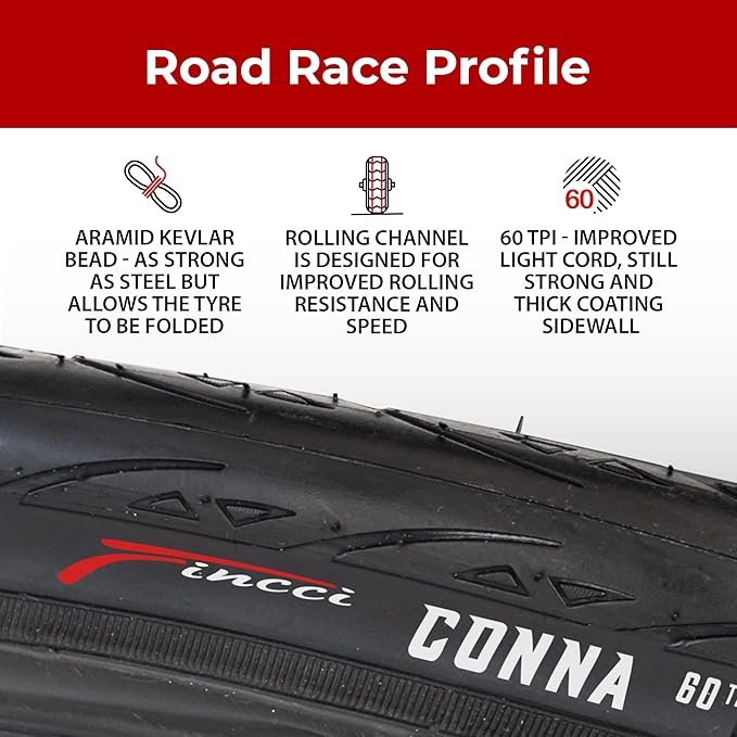 Fincci 700x25c Tire - Road Bike Tires 25-622 with 1 mm Nylon Anti Puncture - Black 700c Bike Tire Puncture Proof with Kevlar for Racing, Hybrid, Folding Bicycles - Flatless Bike Tires 28 inch