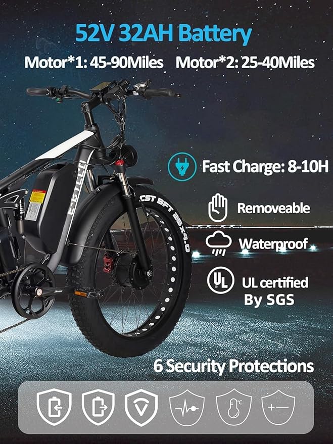 6000W Electric Bike for Adults, 52V 32AH Dual Motor E-Bike, Up to 100Mile & 45MPH All-Terrain Fat Tires Full Suspension 24/26 Inch Electric Bicycles Hydraulic Disc Brake for Road UL2849 by SGS