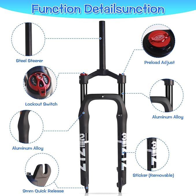 B Bolany 26 * 4.0 inch Fat Tire MTB Air Suspension Fork - 120mm Travel, 135mm Spacing Hub，9mm QR，Crown Lockout,Ultralight Mountain Bike Front Fork， Ideal for Snow Beach XC Mountain Bikes