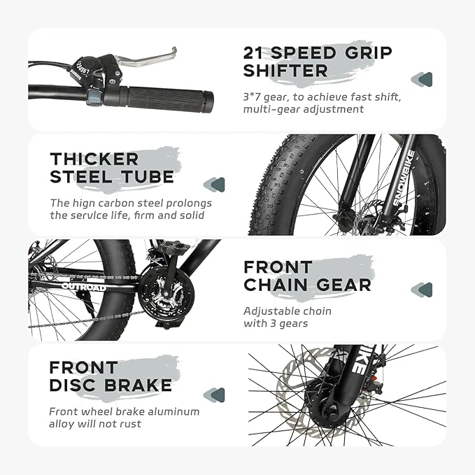 Outroad Fat Tire Mountain Bike with 26 inch Wheels, 21 Speed with High Carbon Steel Frame, Double Disc Brake and Front Suspension Anti-Slip Bikes