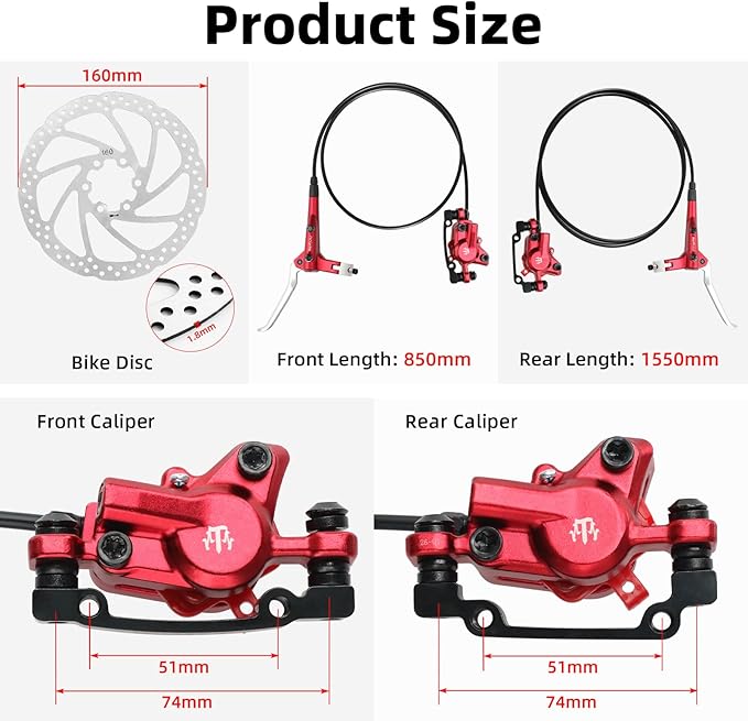 2-Pistons MTB Disc Brake Set Hydraulic Disc Brake Kit Left Rear Right Front with 160mm Rotors Aluminum Alloy Hydraulic Brake Fit for Mountain Bike E-Bike Fat Bike (Red)