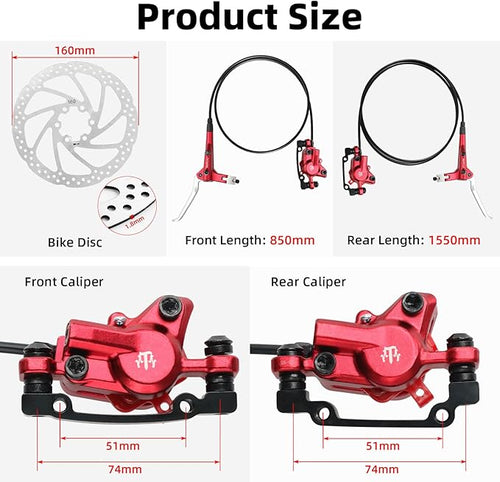 2-Pistons MTB Disc Brake Set Hydraulic Disc Brake Kit Left Rear Right Front with 160mm Rotors Aluminum Alloy Hydraulic Brake Fit for Mountain Bike E-Bike Fat Bike (Red)