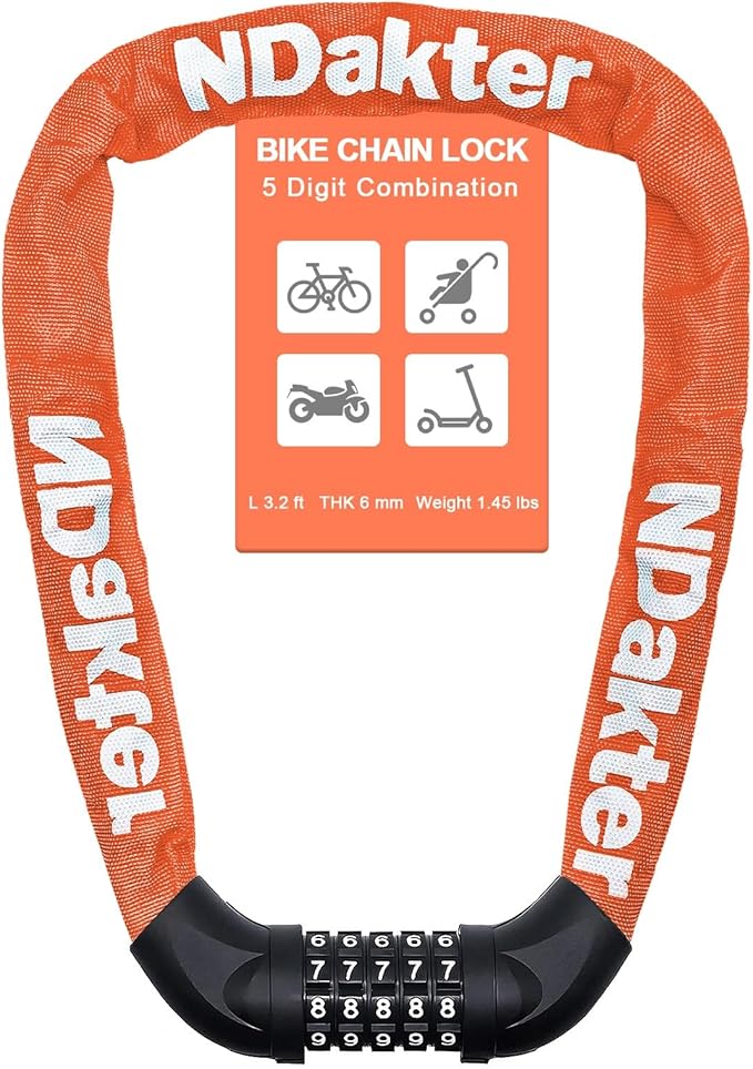 NDakter Bike Lock, 5 Digit Combination Heavy Duty Anti Theft Bicycle Chain Lock, 2.62/3.2/4.27/5/6Ft Long, High Security Resettable, Suitable for Bike, Scooter, Door, Gate, Fence-4/6mm Thick