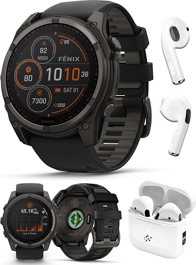 PlayBetter Garmin Fenix 8 Solar Sapphire (51mm, Carbon Gray DLC Titanium) Multisport GPS Smartwatch Bundle - 1.4” Touchscreen, Built-in LED Flashlight Wireless Running Earbuds