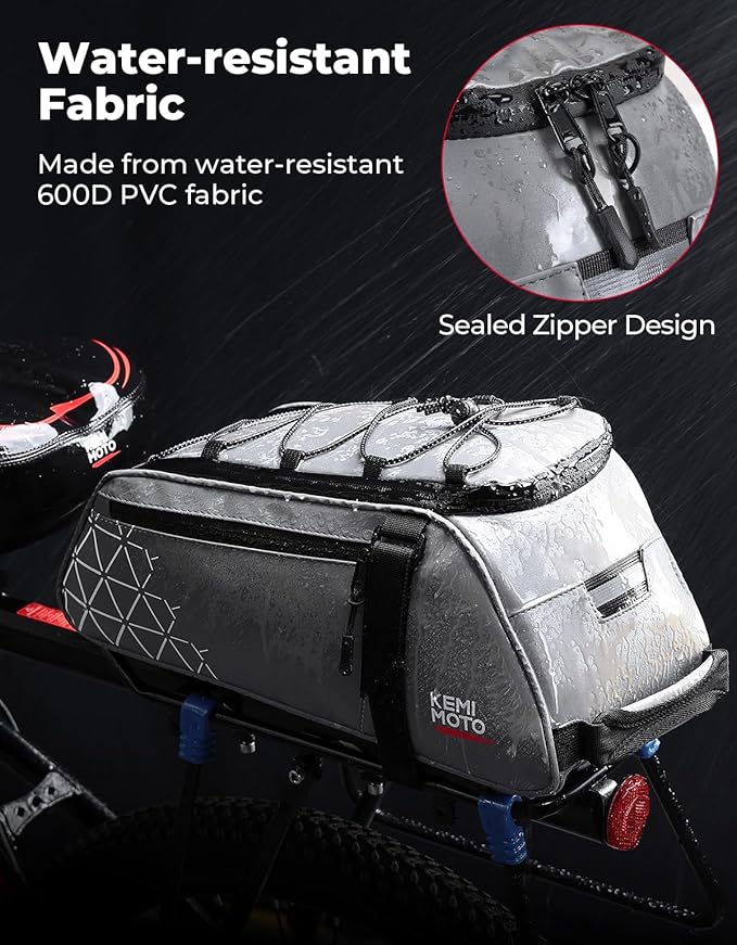 KEMIMOTO Rear Bike Rack Bag, 8L Full Reflective PVC Water Resistant Bicycle Trunk for Road and Mountain Bikes, Ebike Rack Bag with Side Pockets for Cycling Travel Commute