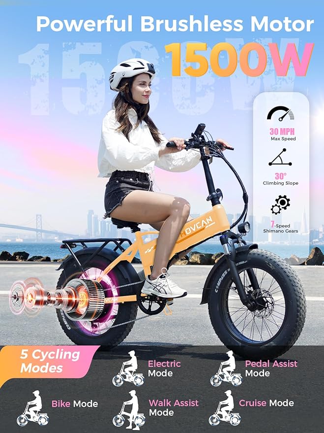Movcan Q20 Folding Electric Bike, 52V 15.6Ah Removable Concealed Battery 20” Fat Tire Dirt Bike,1500W Motor 30 MPH Top Speed E Bikes, 7 Speed Dual Hydraulic Brake Electric Bikes for Adults