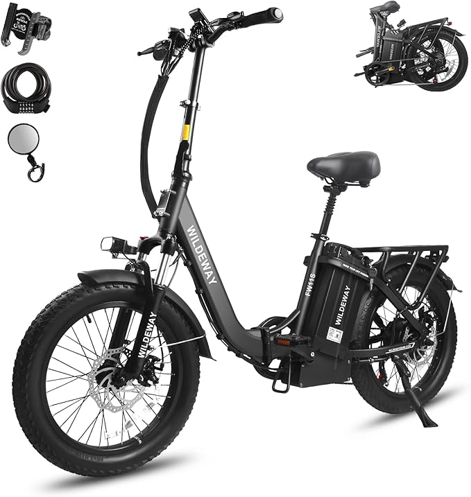 Wildeway Folding Electric Bike for Adults with 32Ah Battery Long Range 750W Motor 28MPH, 20"x 3.0"Fat Tire Foldable EBike, Urban City Commuter Men Women Bicycle 7 Speed Gear