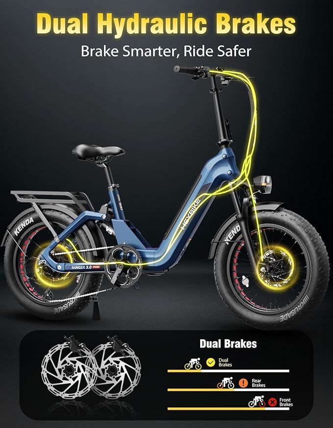 Heybike Ranger Foldable Electric Bike for Adults, 1200W/1800W Peak Motor, 28/32MPH E Bike, 55/90 Miles Range, 20"x4.0" Fat Tire Ebike with Removable Battery, Hydraulic Brakes for Snow, Beach,Commuting