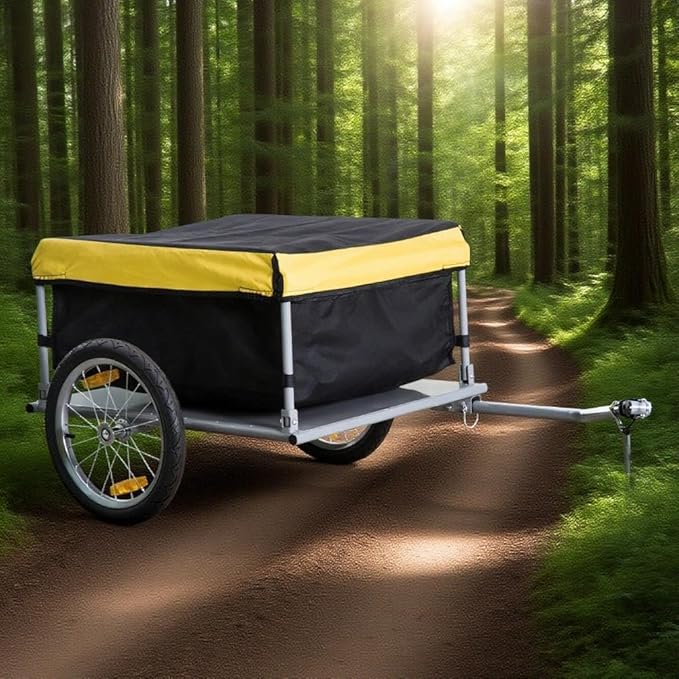 Lightweight Bicycle Trailer, Foldable Bike Cargo Trailer with Universal Hitch, Portable Bicycle Trailers Folding with Removable Cover / 2 Wheels, for Camping, Groceries, Black and Yellow