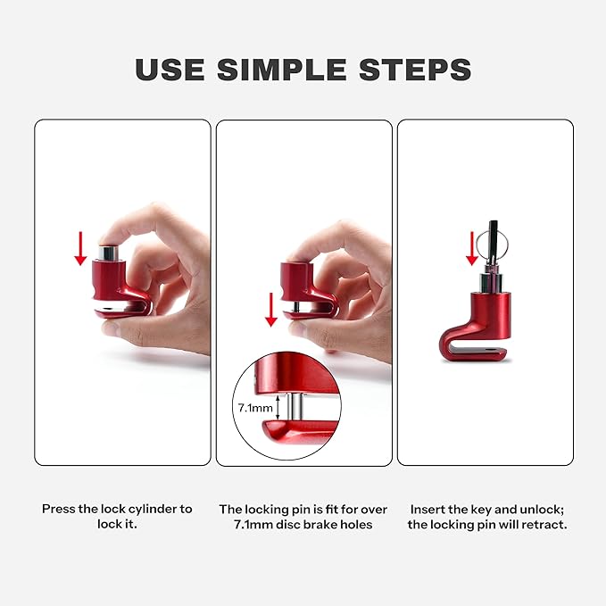 Disc Brake Lock for Motorcycle Accessories Heavy Duty Bike Bicycle Anti Theft Lock Compact Electric Scooter Ebike Powersports Wheel Hover Disc Locks (Red)