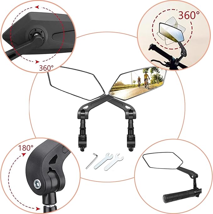 1 Pair Adjustable Handlebar Bike Mirror, Shatterproof HD Glass Lens, Universal Fit Rearview Bicycle Mirrors, 360° Rotatable, Compatible with Mountain Bikes, E-bikes, Road Bikes