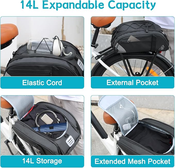 YEEGO DIRECT Bike Rack Bag, 14L Expandable Capacity Bike Bags for Bicycles Rear Rack,Water-resistant Bike Trunk Bag, Bike Panniers Reflective Design, Crossbody Shoulder Bag for Commuting Outings