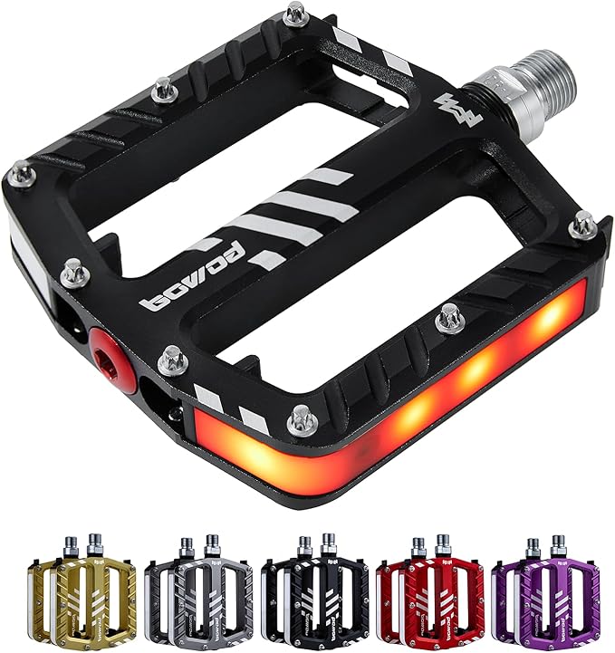 Bicycle Pedals with LED lights 5 Modes, Tap On-Off, USB Rechargeable, Waterproof, Flat CNC Aluminum Road Bike Pedals w 9/16" Cr-Mo Steel Axel w Pin, for Ebike, Commuter, Hybrid, City, Beach Bike