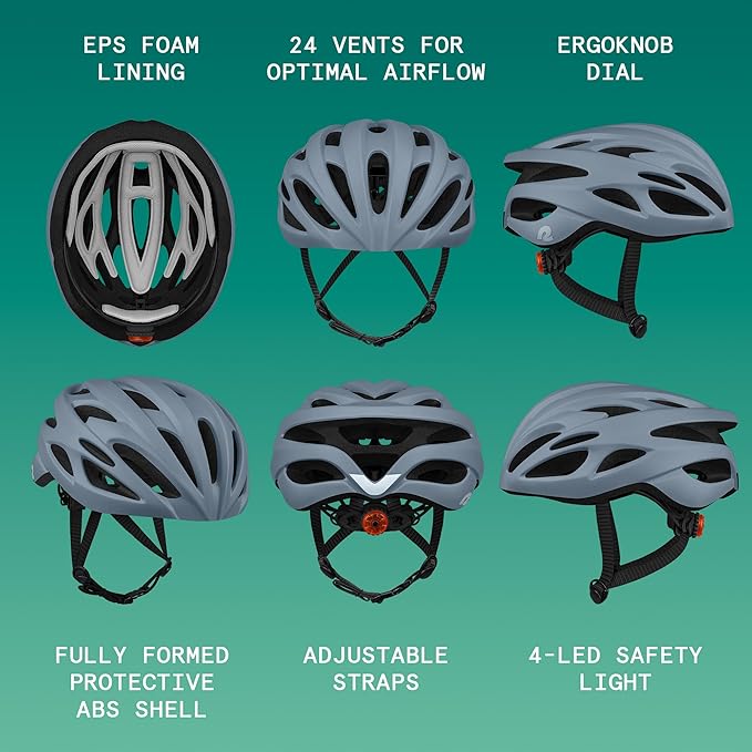 Retrospec Silas Road Bike Helmet with 24 Air Vents & Built-in LED Safety Light - Adjustable Adult Cycling Protection 54-61cm - Padded & Lightweight Design