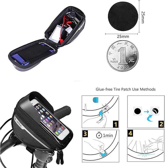 Bike Phone Front Frame Bag, Waterproof, Tube Case, Bicycle Phone Holder, Bike Handlebar Bag, Bicycle Accessories Compatible Cellphone Under 7.2”, Cycling Pouch with 6Pcs Glue-free Tire Patches