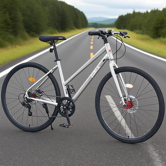 700C Road Hybrid Bike City Commuter Bicycle with 7 Speed/Front and Rear Disc Brakes/Steel Frame for Men Women Adult Available in A Variety of Colors