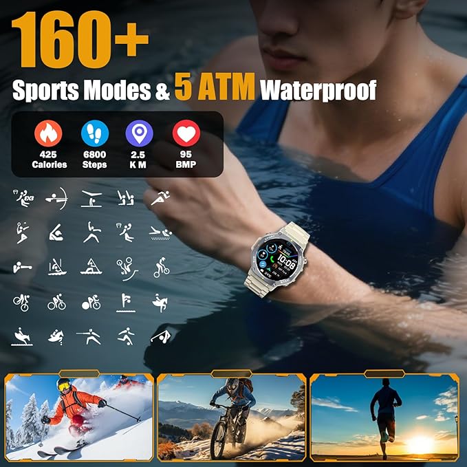 Military Smart Watch for Men Built-in GPS with LED Flashlight Compass, 1.43" AMOLED Display 5ATM Waterproof Fitness Tracker with Heart Rate/Sleep/Blood Oxygen, Watches for Android/iPhone, Khaki