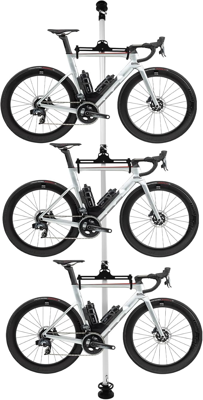3 Bike Storage Rack, Floor to Ceiling Bike Vertical Freestanding Hanger Parking Rack, 360° Adjustable Hook Indoor Bike Storage Pole Stand, Space Saving Bike Organizer for Garages, Repair Stores